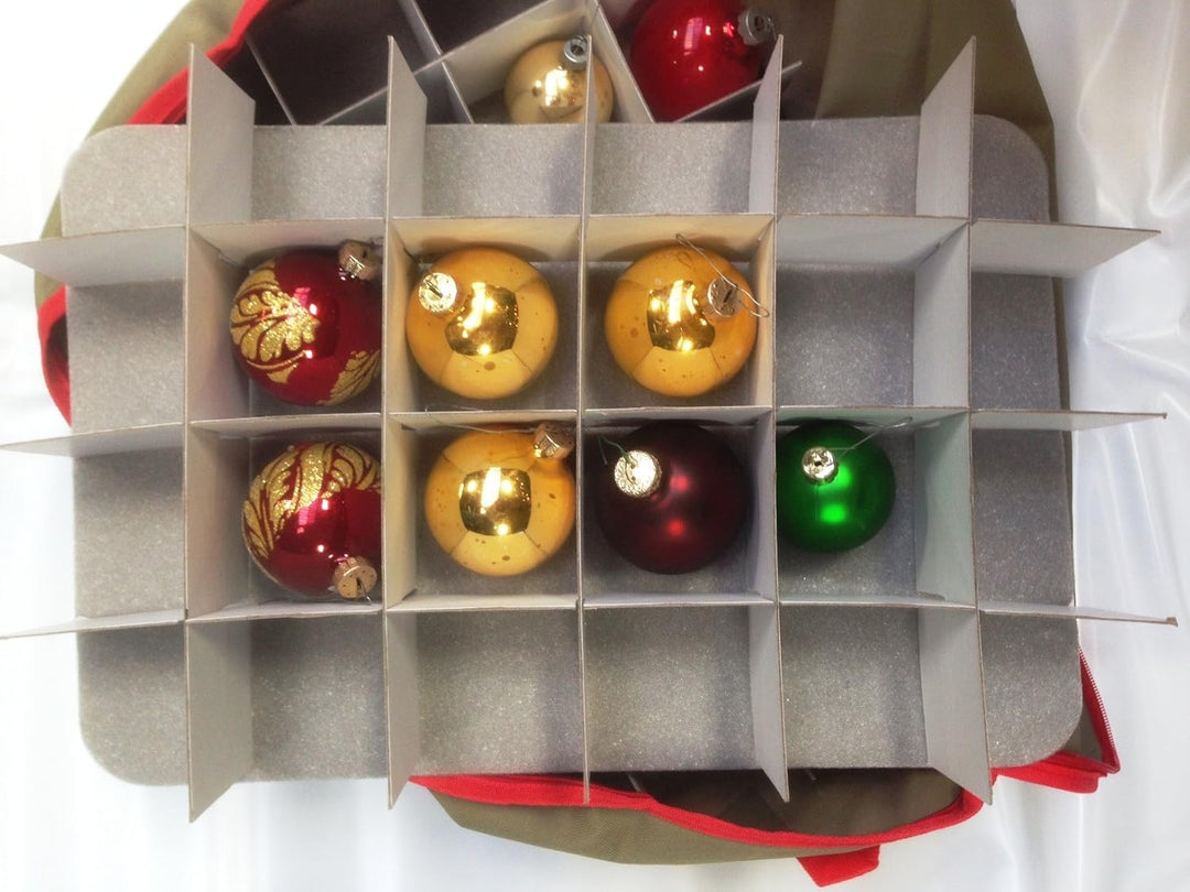 LAMINET Canvas Ornament Case - Khaki with RED Trim - Fits Up to 48 Ornaments Total!