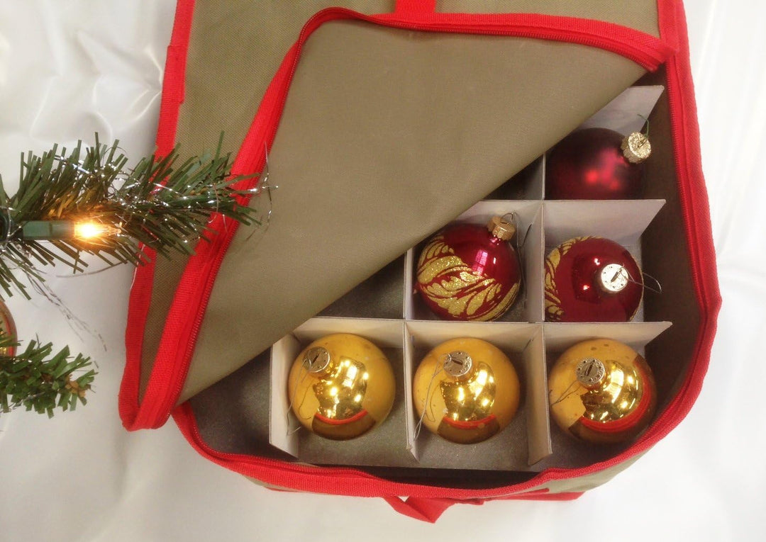 LAMINET Canvas Ornament Case - Khaki with RED Trim - Fits Up to 48 Ornaments Total!