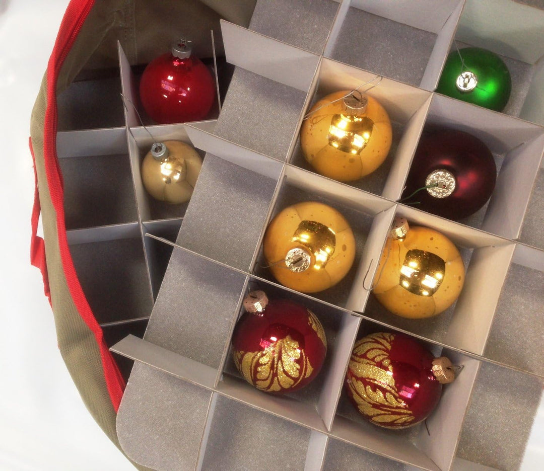 LAMINET Canvas Ornament Case - Khaki with RED Trim - Fits Up to 48 Ornaments Total!