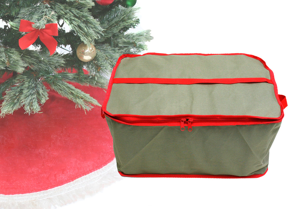 LAMINET Canvas Ornament Case - Khaki with RED Trim - Fits Up to 48 Ornaments Total!