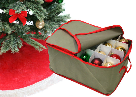 LAMINET Canvas Ornament Case - Khaki with RED Trim - Fits Up to 48 Ornaments Total!