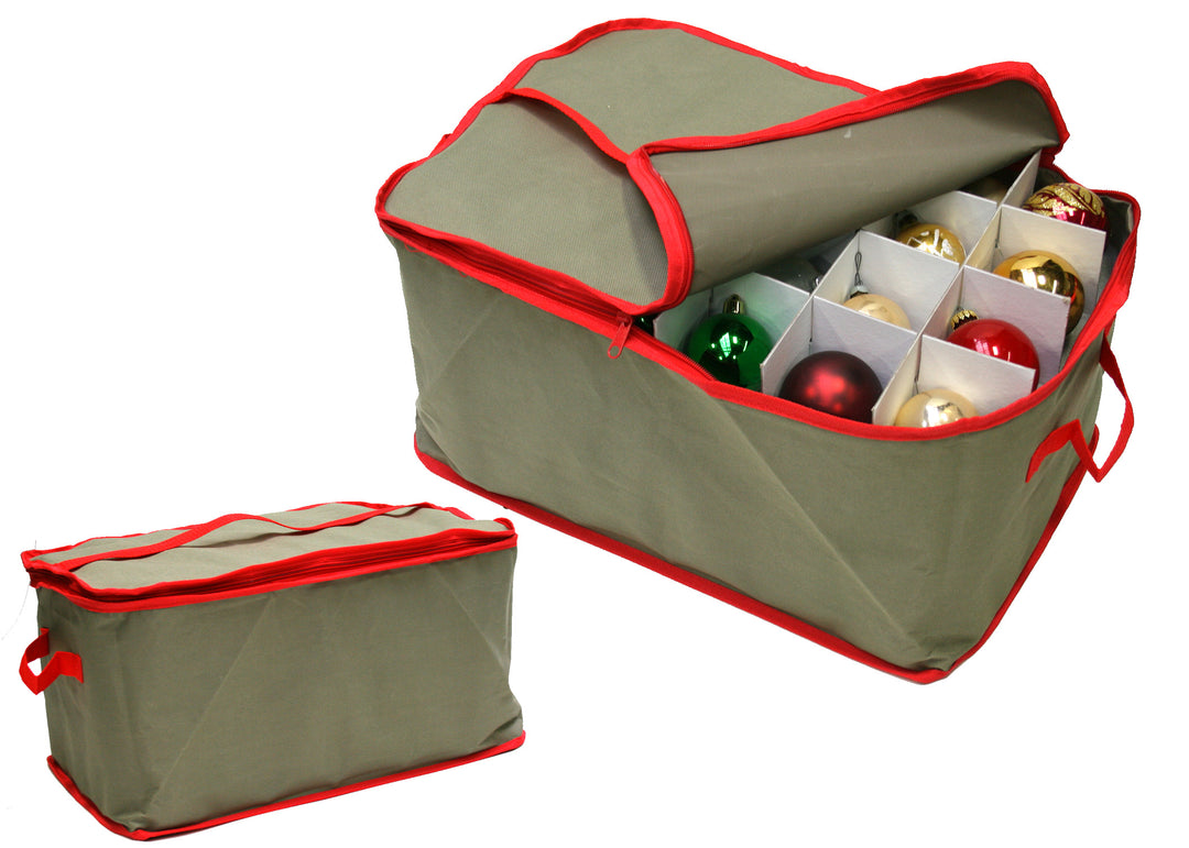 LAMINET Canvas Ornament Case - Khaki with RED Trim - Fits Up to 48 Ornaments Total!