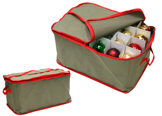 LAMINET Canvas Ornament Case - Khaki with RED Trim - Fits Up to 48 Ornaments Total!