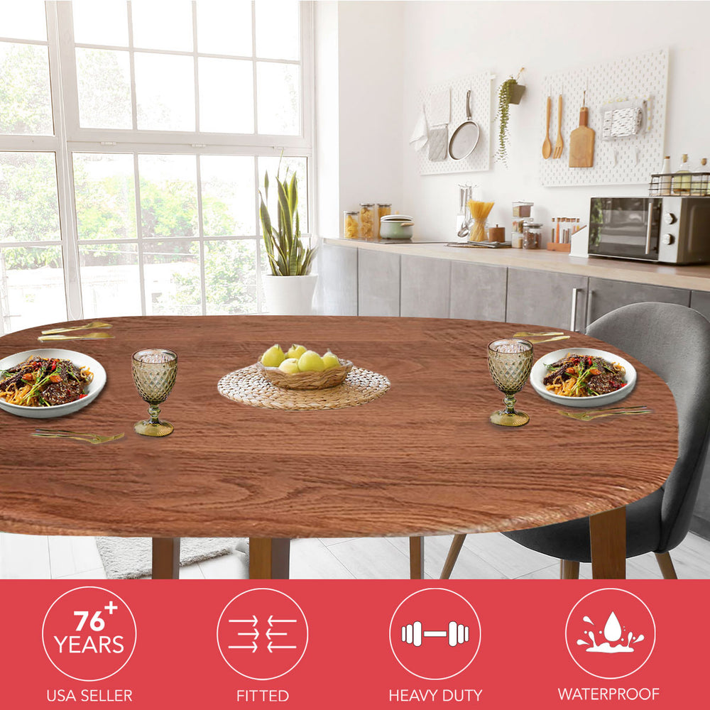 COVERS FOR THE HOME Deluxe Elastic Edged Flannel Backed Vinyl Fitted Table Cover - Woodgrain (Oak) Pattern - Round Oblong Oval - Fits Tables up to 48" W x 68" L