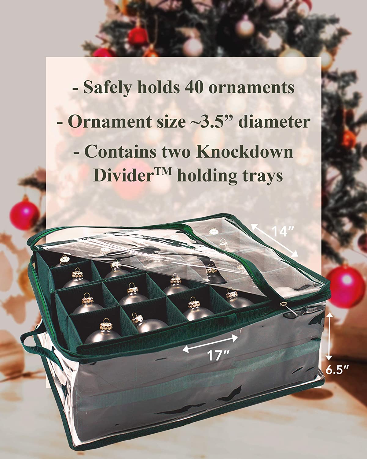 LAMINET Holiday Christmas Ornament Storage Container for 40 Ornaments | Clear Transparent Case with Convenient Nylon Carry Handles - Collapsible Walls Assemble in Seconds